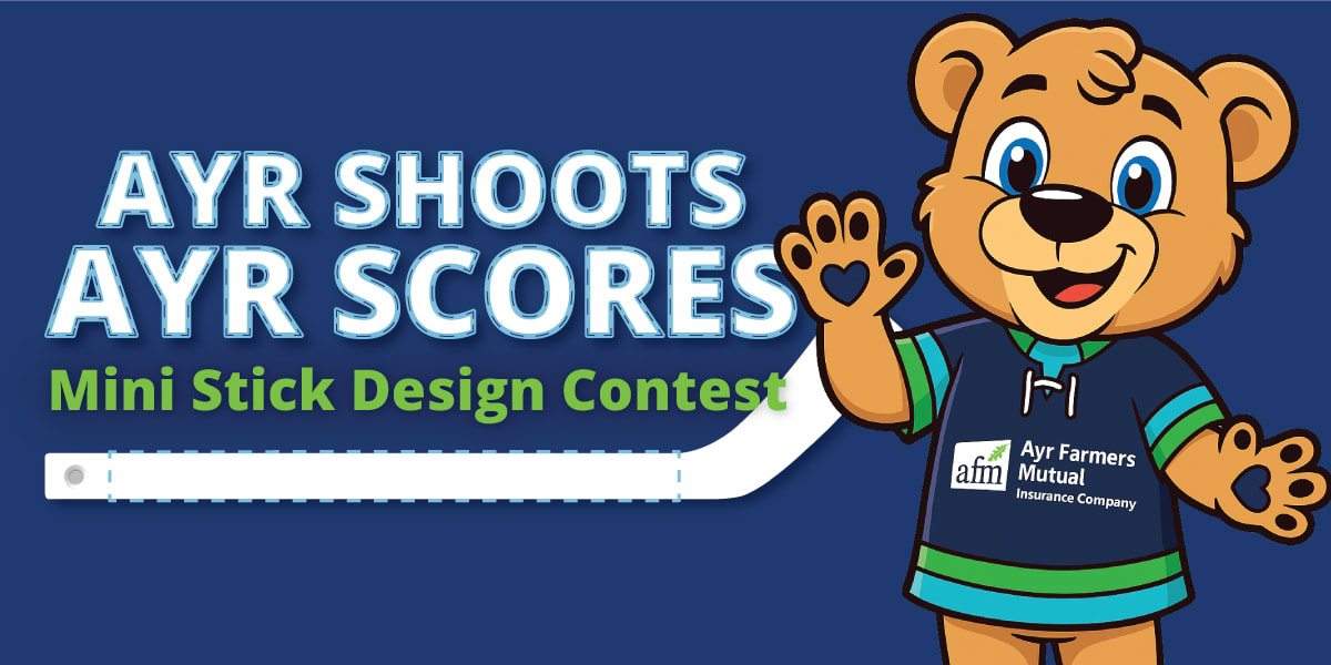 a blue cover image with a waving bear, that says Ayr Shoots, Ayr Scores Mini Stick Design Contest